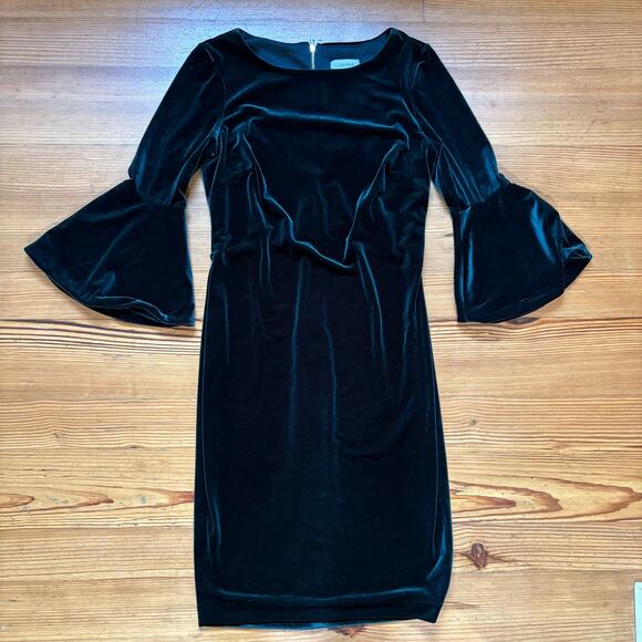 Calvin Klein dark green velvet bell quarter sleeve midi dress SIZE 6 - Picture 1 of 4